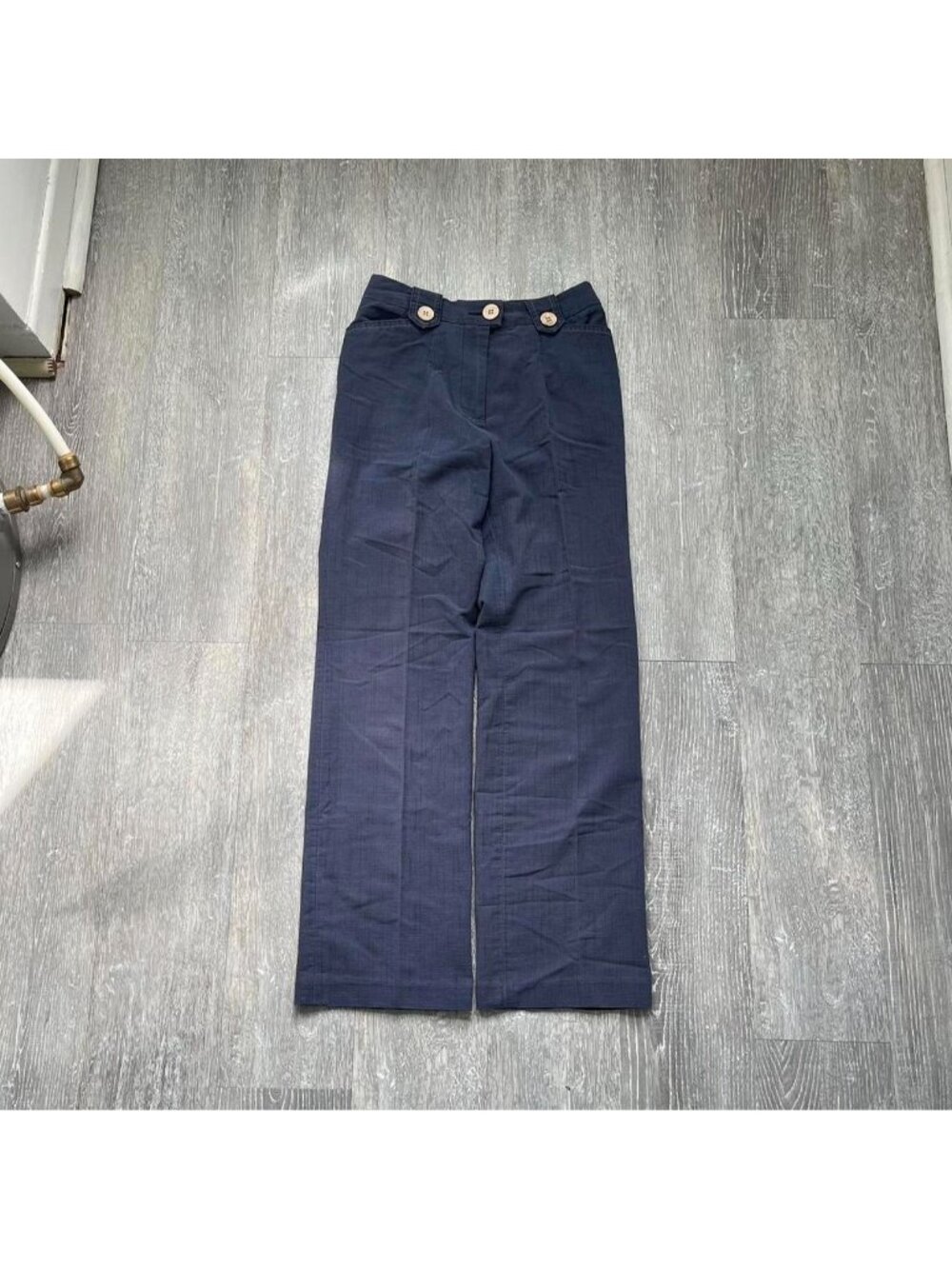 Navy Blue / Tan Vintage “Lindor” Flared / Wide Leg Low-Rise Pleaded Pants